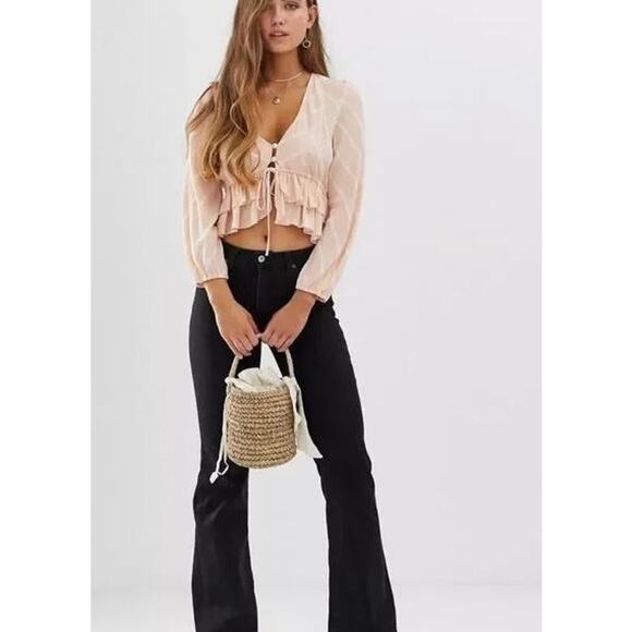 Free People Puff Sleeve Striped Ruffle Samifran Top Blouse Peach Women's Size XS - Picture 2 of 7